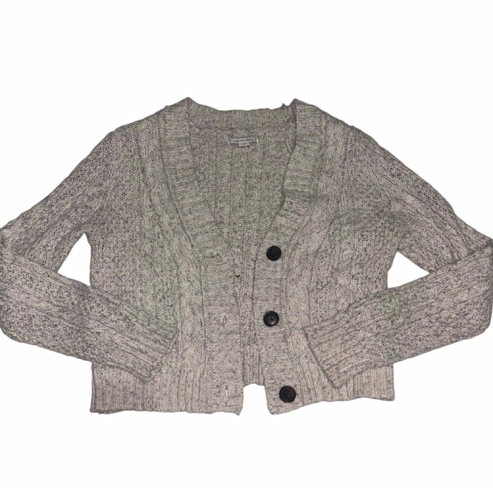 American Eagle Women's Gray Cable-Knit Button-Front V-Neck Cardigan Sz S